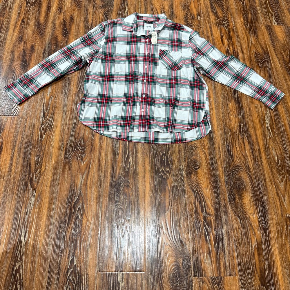 NEW Aerie Medium Sleep Shirt Women White Red Green Plaid Button Up Pajama Top